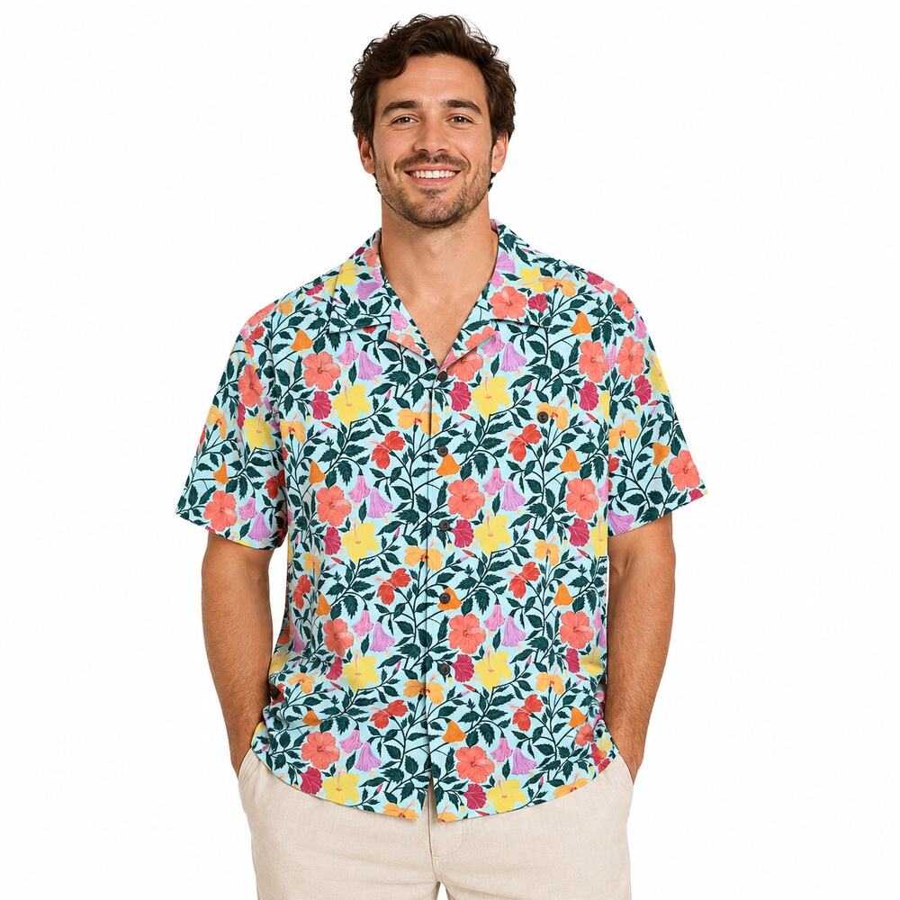 Yiume Men's Hawaiian Tropical Multicolor Floral Print Button Front Shirt